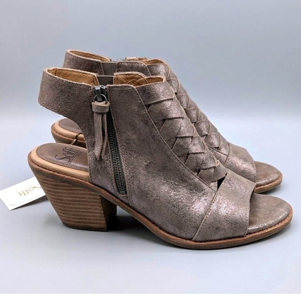 Sofft Metallic Taupe Leather Woven Peep Toe Heeled  Western Sandals Booties 8.5